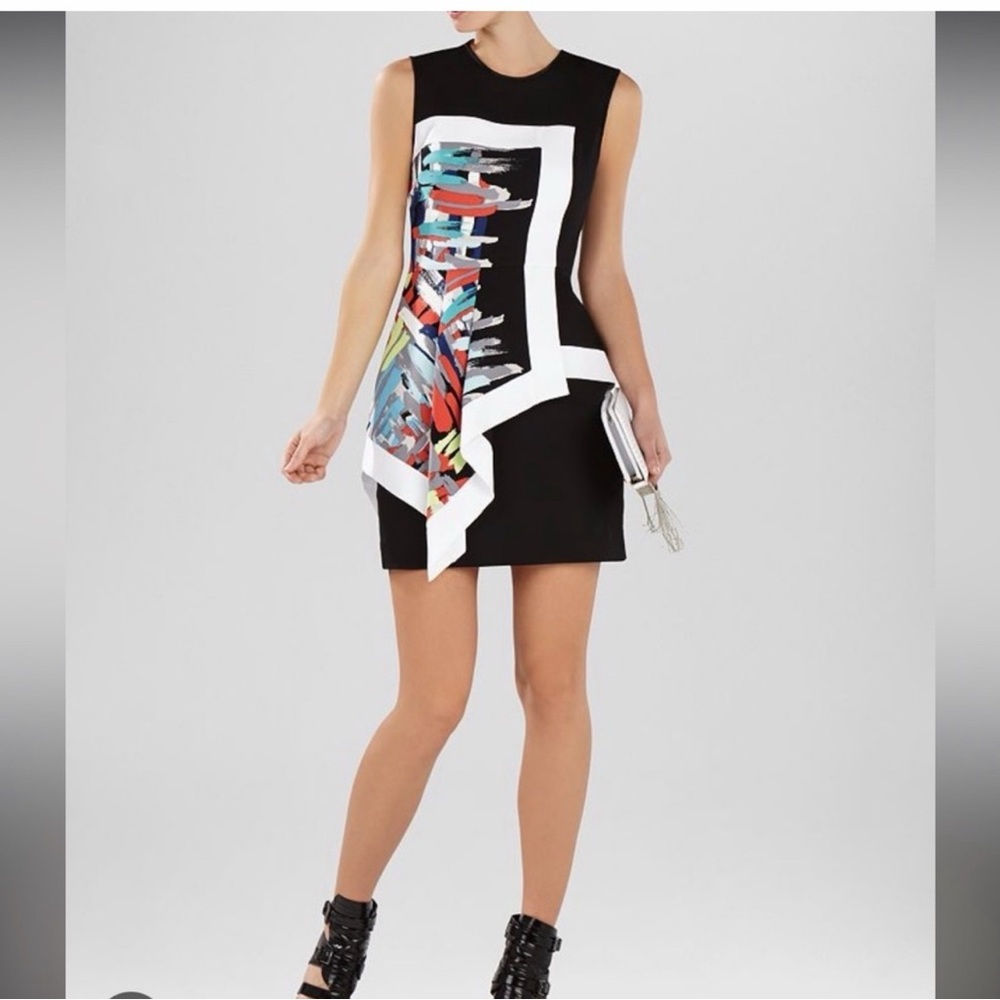 BCBGMAXAZRIA Alessandra Black Color Block Dress Asymmetrical Peplum